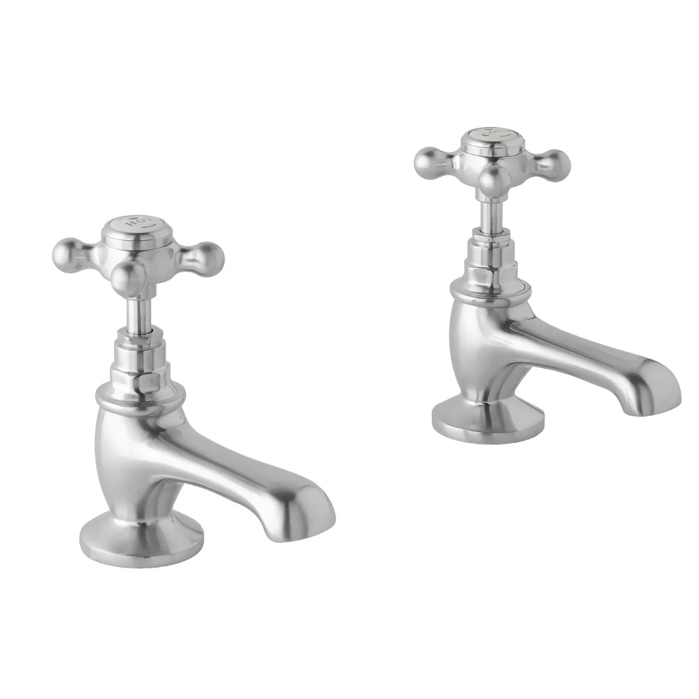 BC Designs Victrion Crosshead Brushed Chrome Basin Pillar Taps Cut Out
